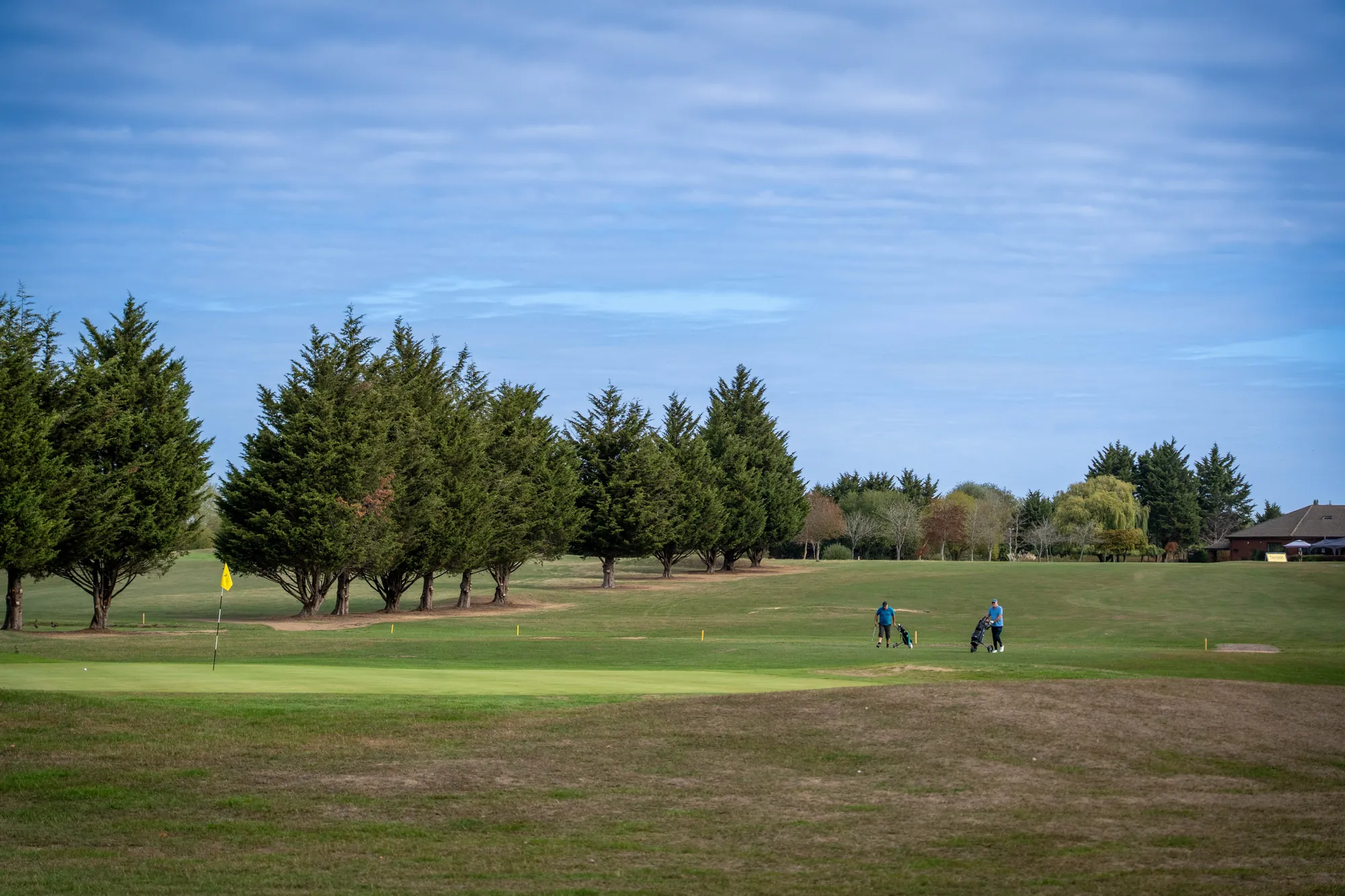 A fairway lined with conifers, golfers on the green in the distance
