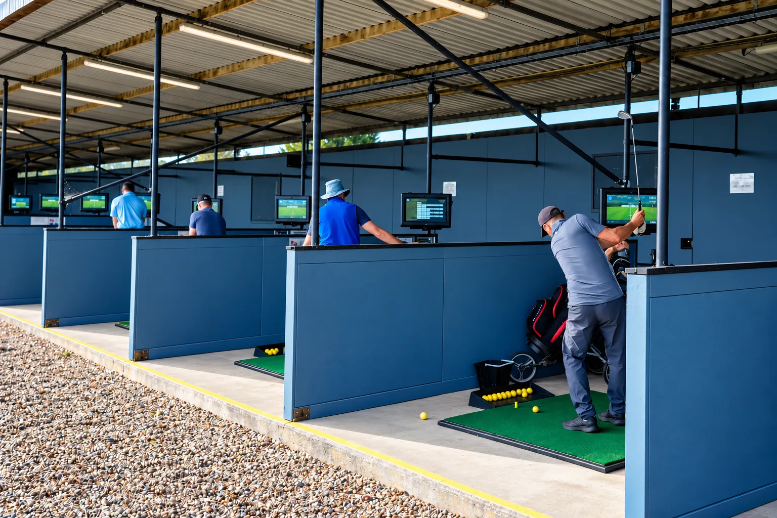 Golfers practising in the covered TrackMan bays at the driving range
